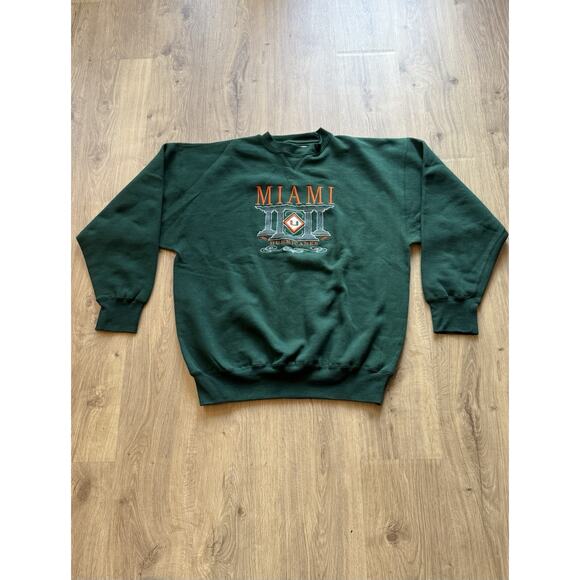 Vintage 90’s NCAA Miami Hurricanes Embroidered Crew Neck Sweatshirt XL Green - Picture 1 of 7